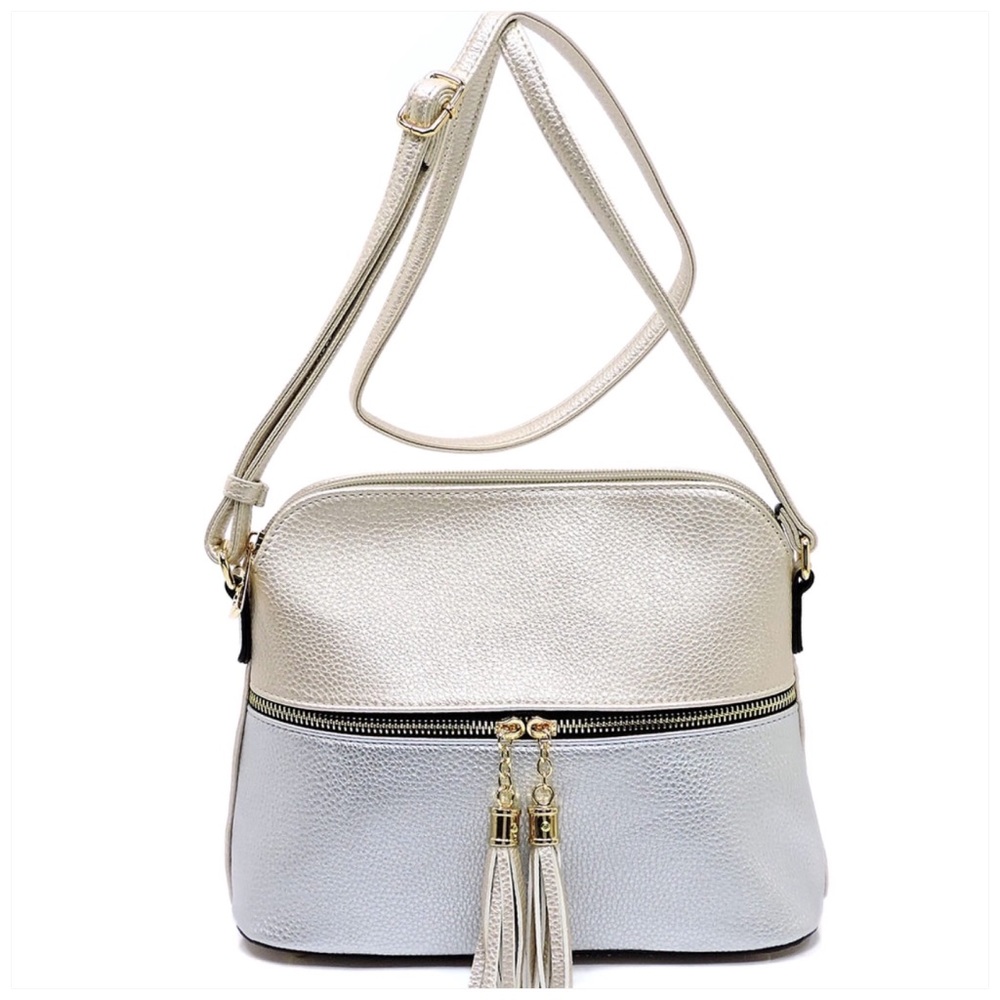 Champagne Silver Tassel Zip Dome Crossbody Bag - Picture 2 of 7